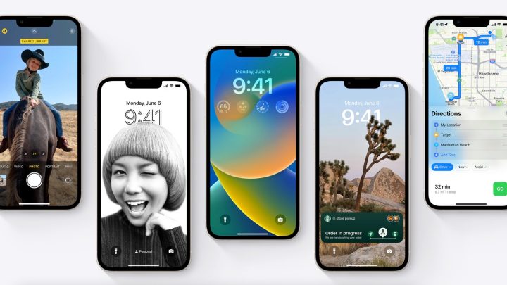 iPhones showing various iOS 16 features.