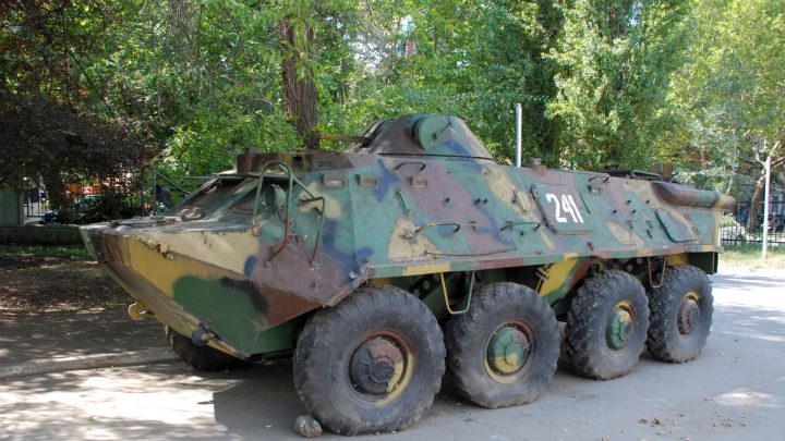 Russian BTR armored car on display