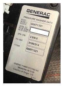 Generac Electric Start Pressure Washers recall: label example.