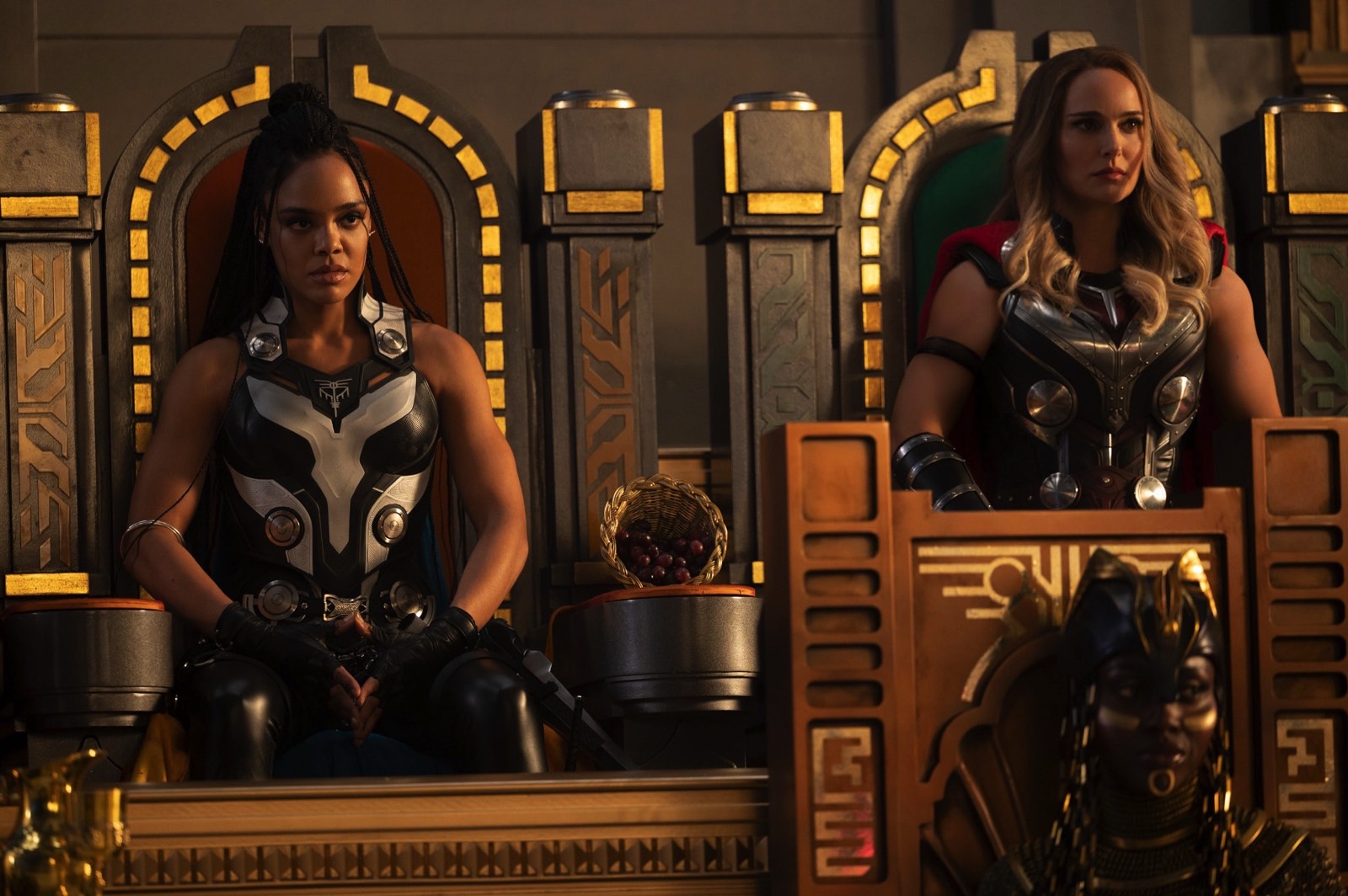 King Valkyrie (Tessa Thompson) and Mighty Thor (Natalie Portman) in Love and Thunder promo image.