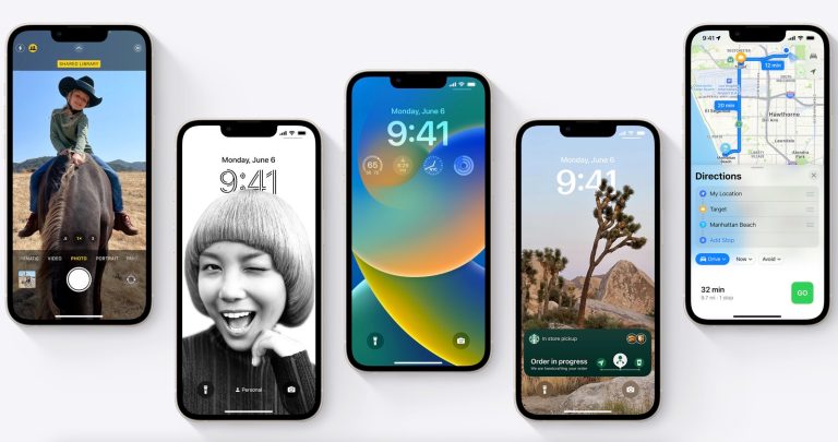 iPhones showing various iOS 16 features.