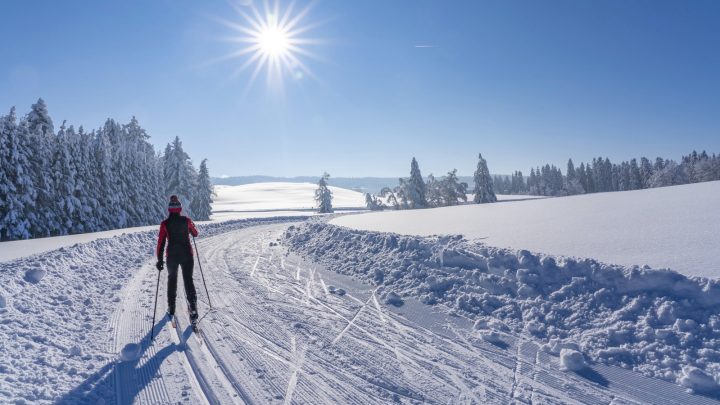 A person cross-country skiing in beautiful weather.